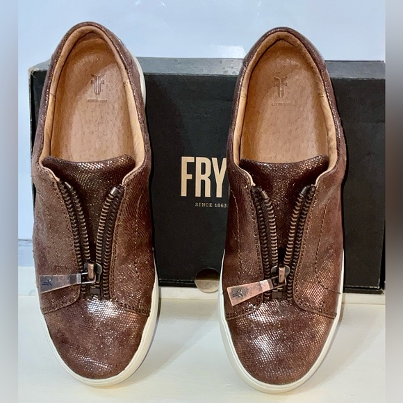 FRYE Lena Low Zip Multi Metallic Brown Leather Zip Sneakers 9M Worn 3 Times wBox - Picture 4 of 16